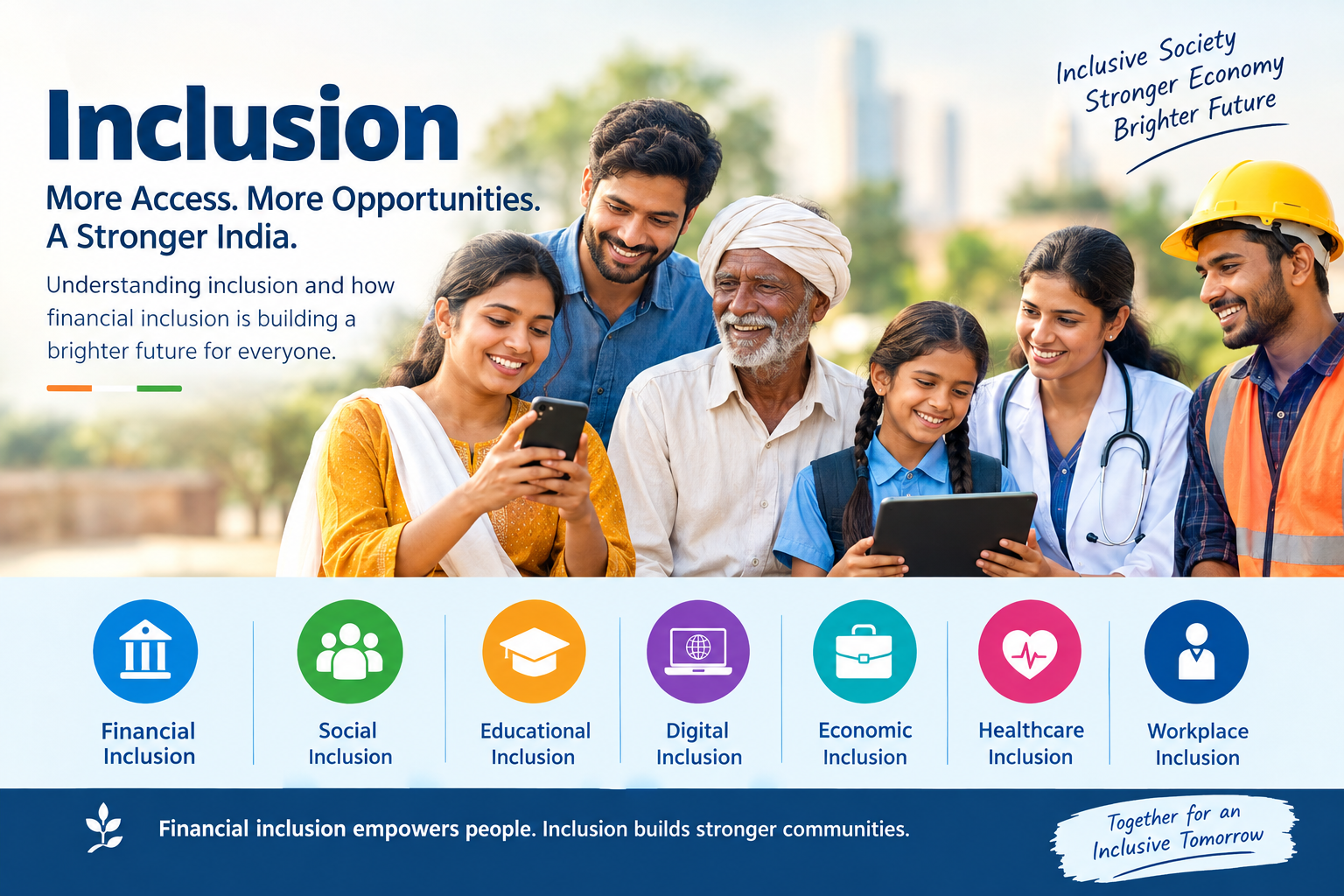 Inclusion and financial inclusion in India showing diverse people with access to financial, social, educational, digital, economic, healthcare and workplace opportunities.